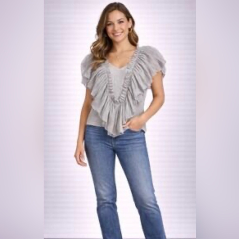 Isabella Rodriguez Taupe Ruffle Blouse Size M